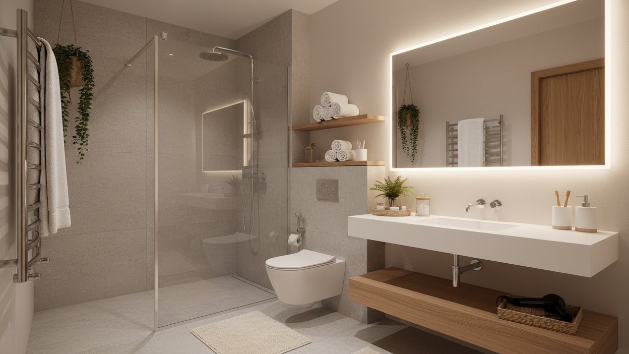 crie um banheiro sem banheira porém com box de chuveiro e privada bonito e confortável com itens como tapetes, suporte de escova, secador de cabelo etc