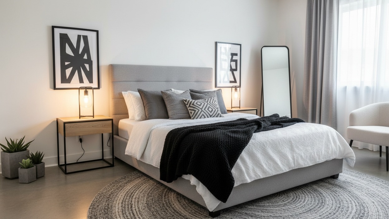 crie uma imagem de um quarto aconchegante moderno e jovial com tons neutros como preto branco cinza etc