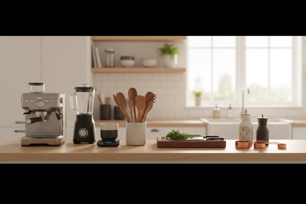 crie uma imagem para banner estilo slides em alta qualidade onde as informações principais devem estar mais centralizadas de uma cozinha com gadgets em uma bancada a frente com a cozinha de fundo