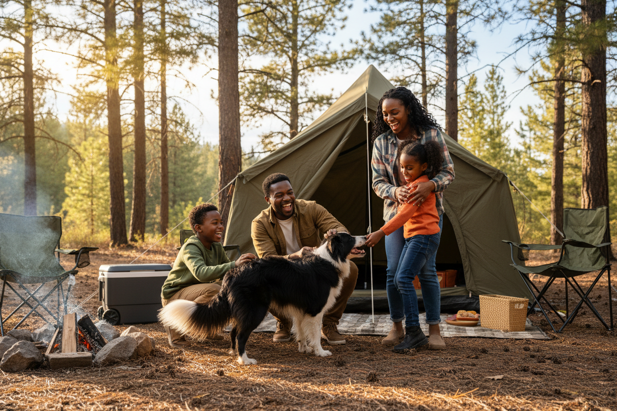 crie uma imagem para banner estilo slides em alta qualidade onde as informações principais devem estar mais centralizadas de uma família negra acampando felizes com um cachorro da raça border collie