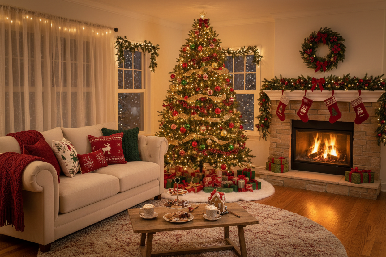 uma sala bonita e aconchegante com decoração natalina incluindo uma árvore de natal